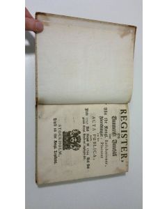 Kirjailijan A. J. Raab käytetty teos Register, och summariskt innehåll utaf alla the kongl. Resolutioner, Förordningar, Placater och flere acta publica, hwilka ifrån 1737. års början til 1744. års slut genom kongl. tryckeriet utgångne äro